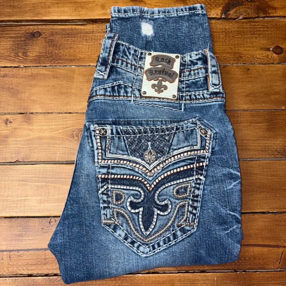 Rock Revival Abijah Slim Straight Mens 33 Blue Distressed Embellished Jeans